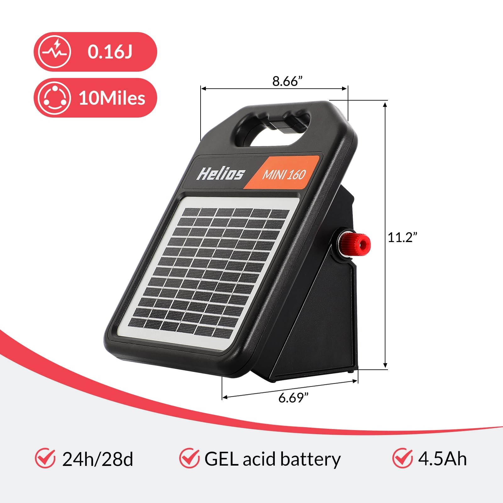 10 Miles Solar Electric Fence Charger with Day/Night Mode 0.16J Portable Solar