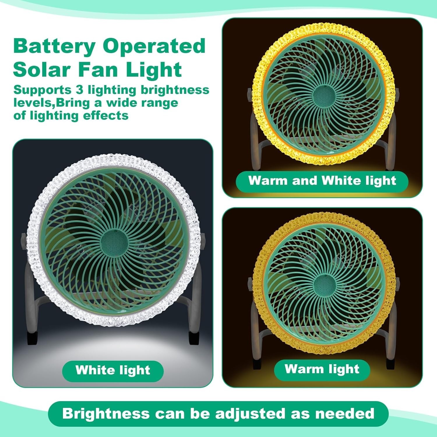 12” 10800mah Battery Operated Solar Fan Light with 12w Solar Panel, Charger,