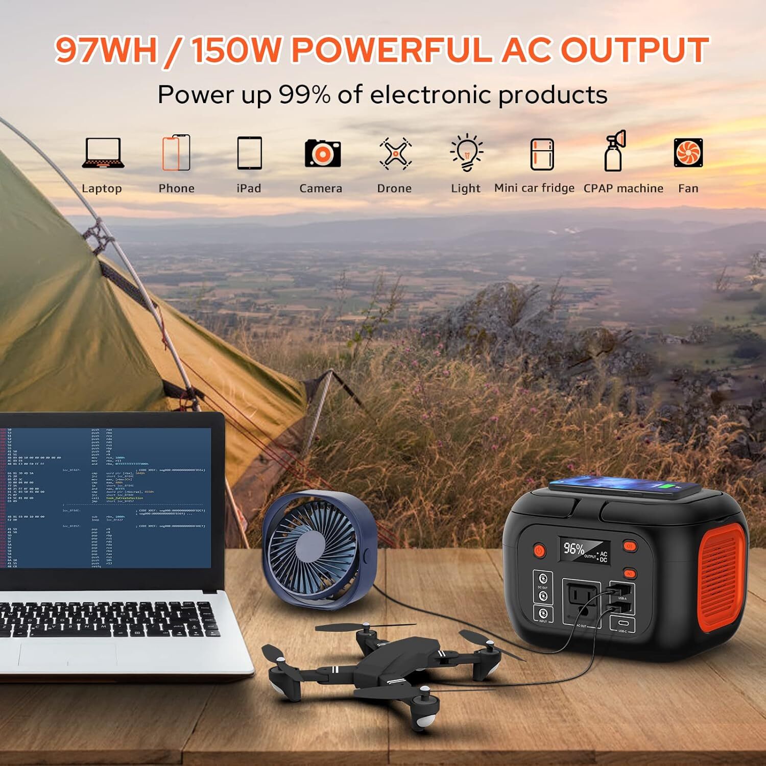 150W Portable Power Bank 97Wh Battery Bank Fast Charging Camping Solar Generator