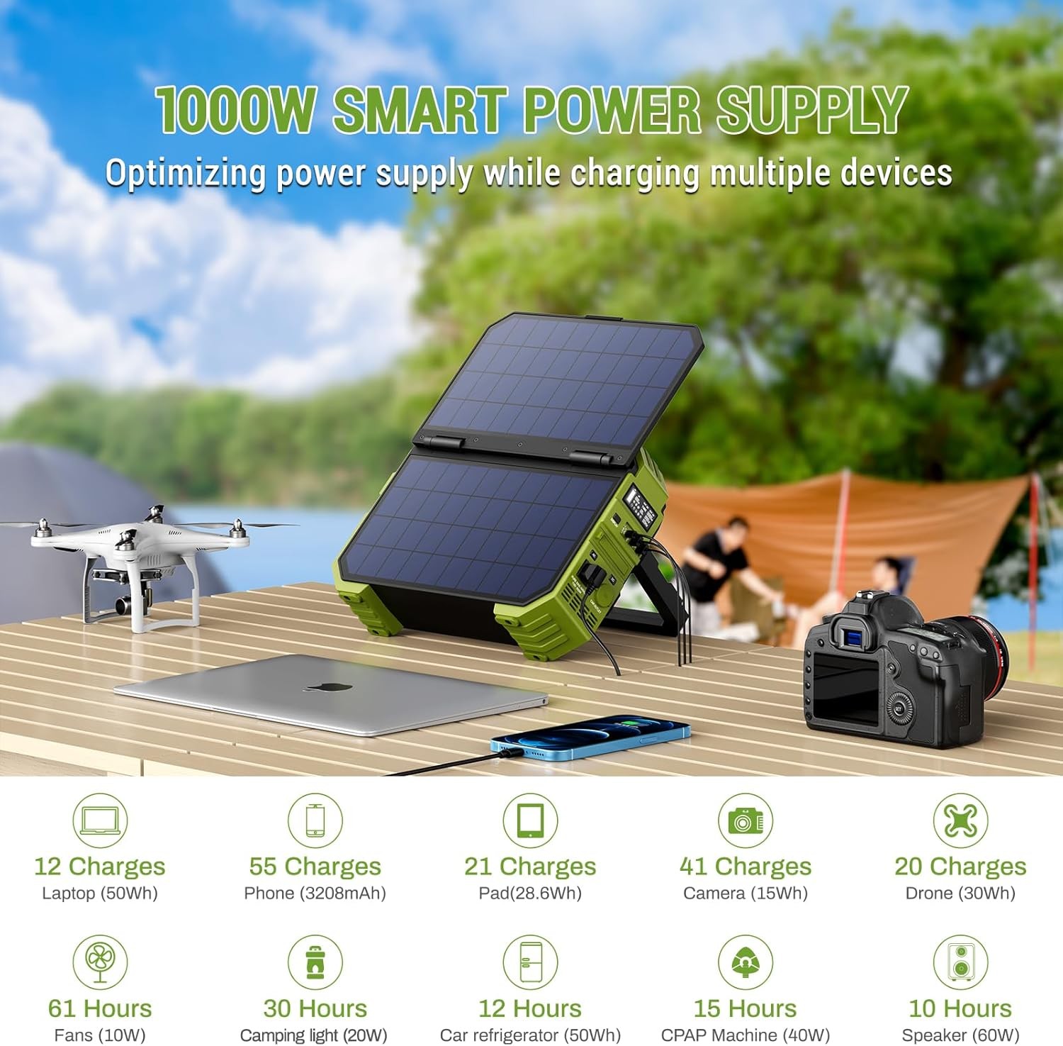 Portable Power Station, 1000W (Peak 2000W) Solar Generator with Built-In Solar P