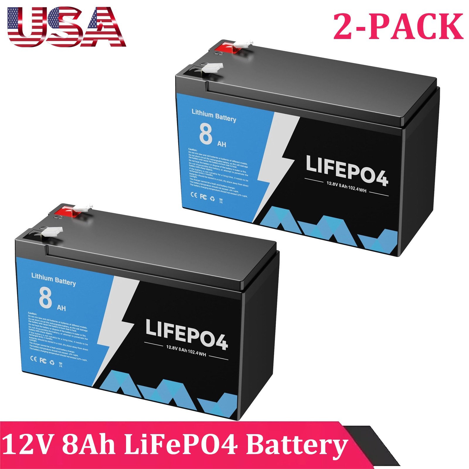 New 2-PACK 12V 8Ah LiFePO4 Deep Cycle Battery Energy for RV, Solar, Marine,Home