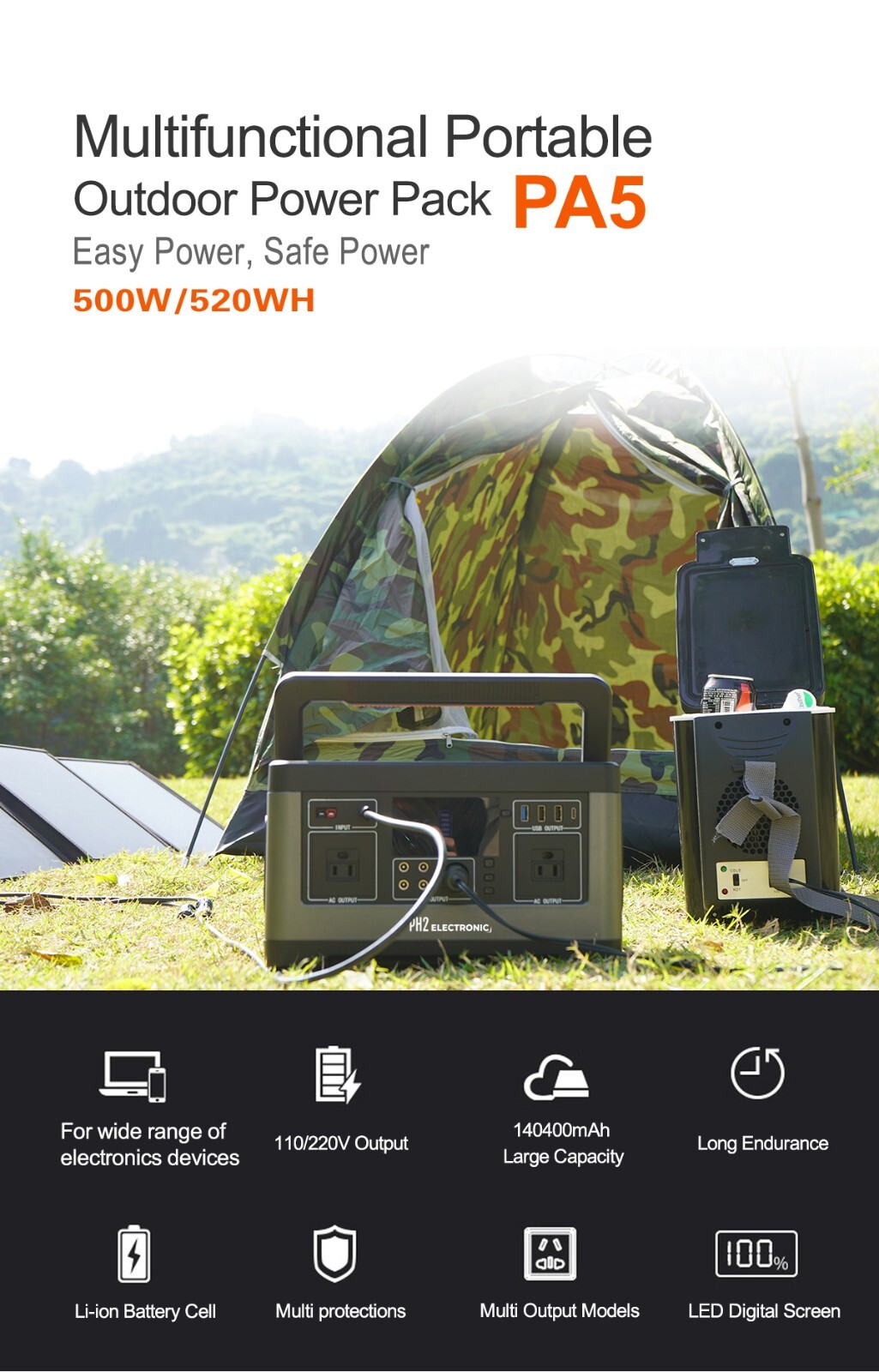 PA5 500W 140400mAh /3.7V/520Wh lithium ion battery Portable Solar Power Station
