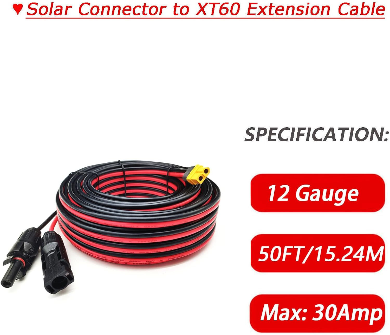 50FT Solar XT60 Adapter Cable 12AWG for Lifepo4 Batteries & Power Stations