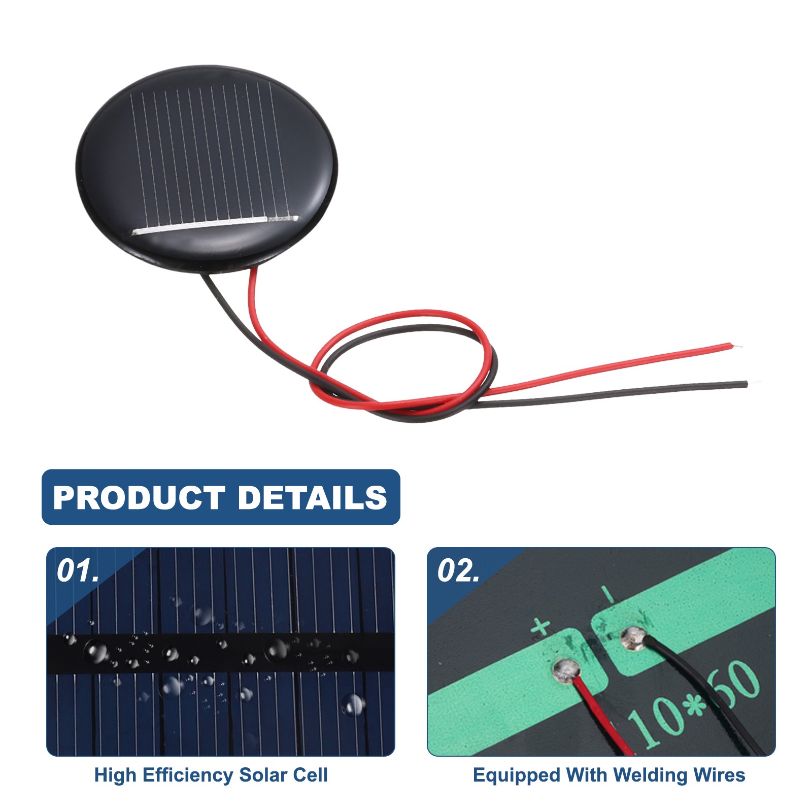 2Pcs 0.5V 0.07W 140mA Round Mini Solar Panels with Cable