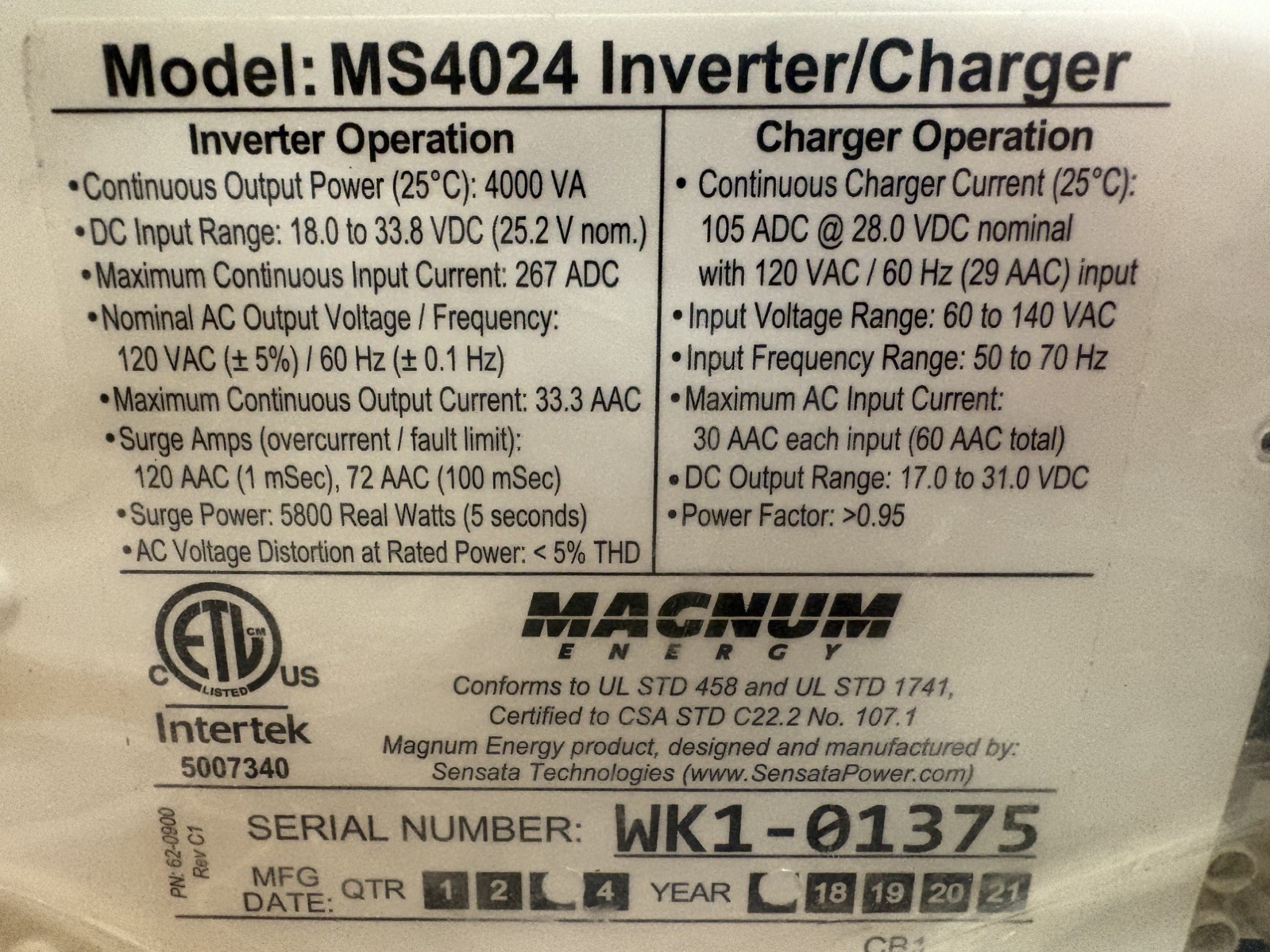 4000 Watt 120 VAC Inverter With 105 Amp PFC Charger 24VDC | Magnum Energy MS4024