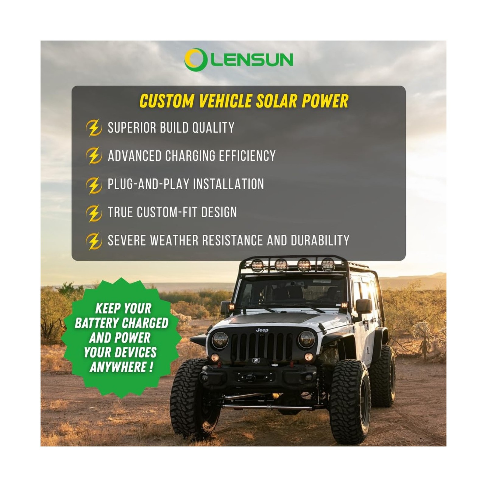 Lensun 105W 12V Hood Flexible Solar Panel for Jeep Wrangler JK (2007-2018) – …