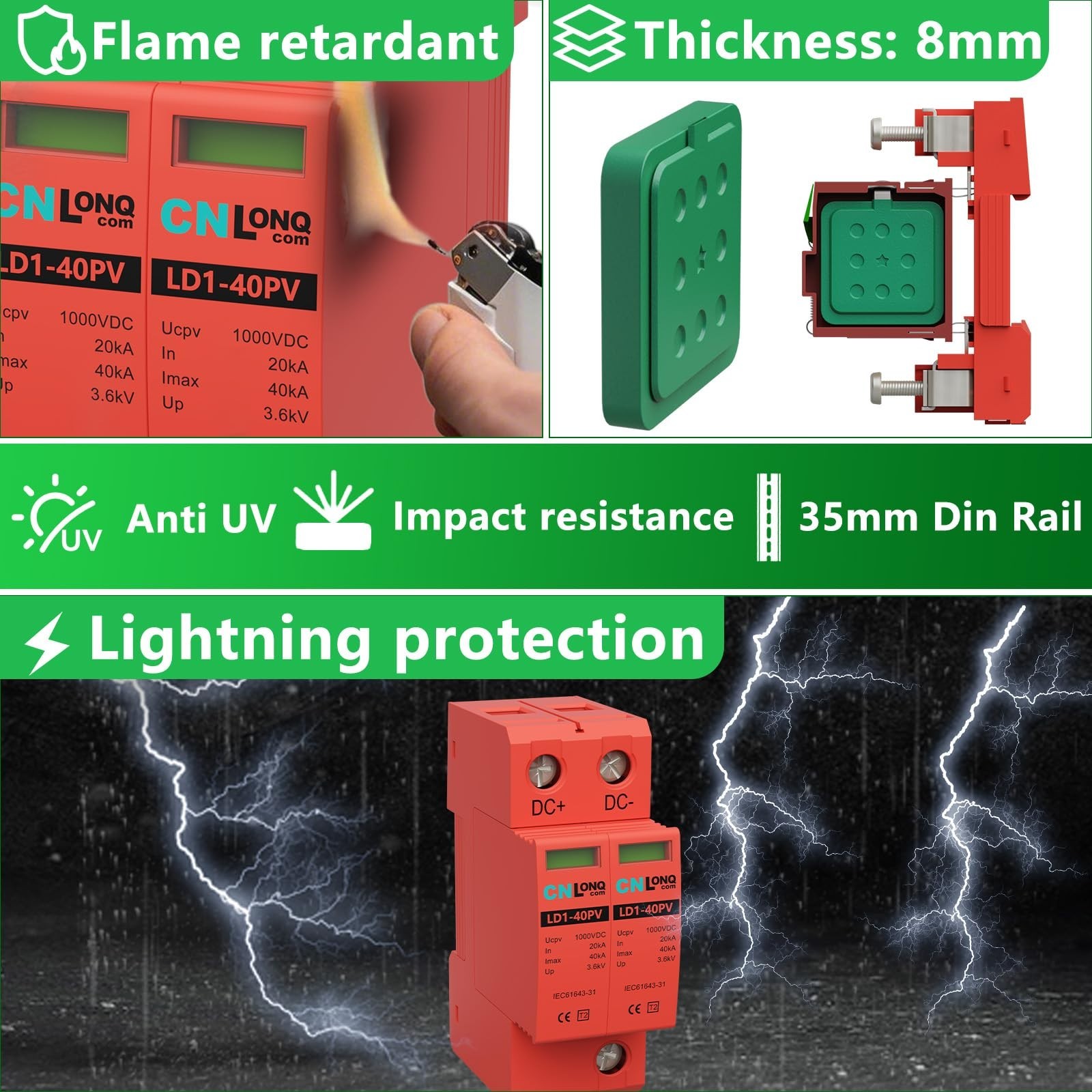 Solar PV DC 1000V 40KA Surge Protector Lightning Arrester 2Pc DIN Rail