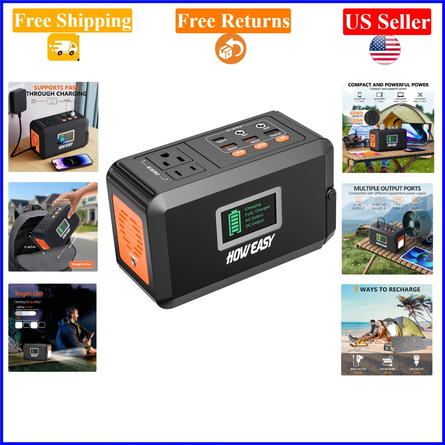 120W Portable Solar Generator with 88Wh Lithium Battery and 8 Outlets