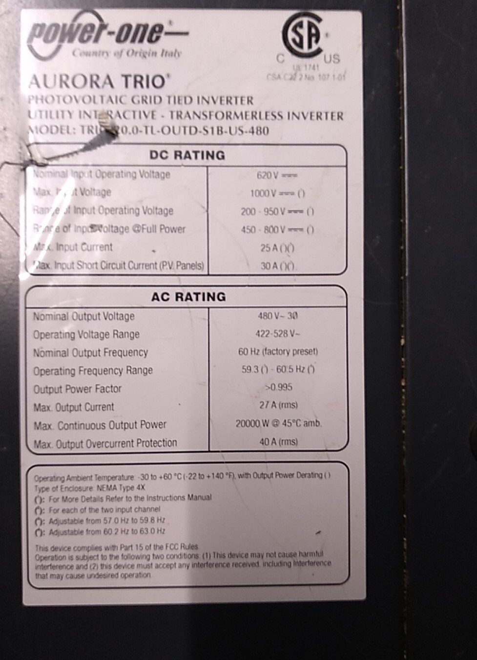 Sunpower Solar Inverter Aurora Trio-20000p-3-TL-S1B US480 Off/Tied Grid 20KW
