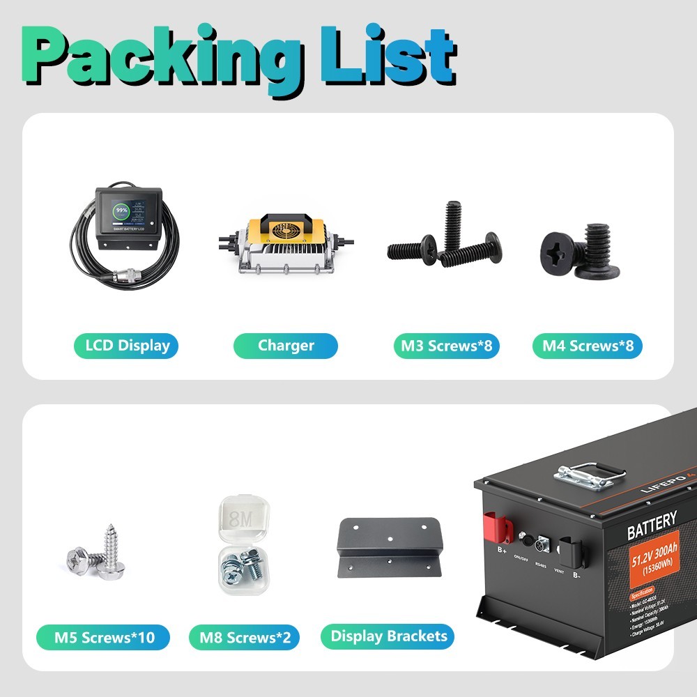 48V 300Ah Lithium Golf Cart Battery 200A BMS 6000+Cycles APP Charger Monitor Set