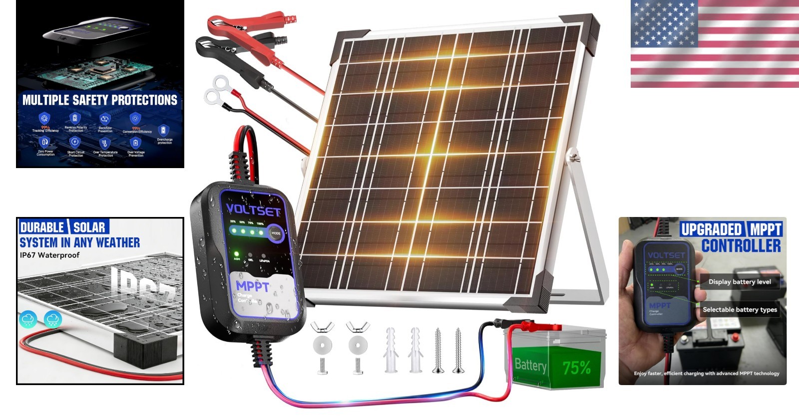High-Efficiency 20W Monocrystalline Solar Charger with Adjustable Mount Bracket