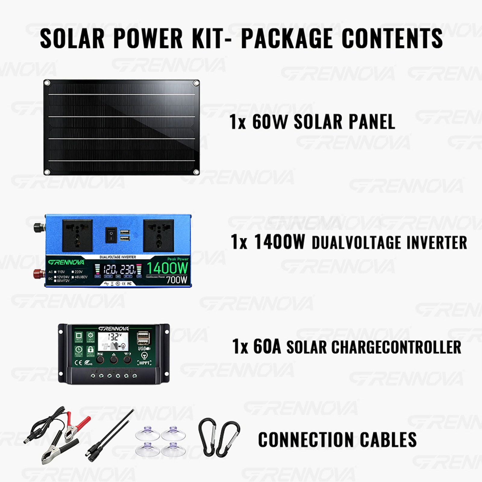 Grennova 1400W DIY Solar System 60W Panel 60A MPPT Dual Voltage Inverter