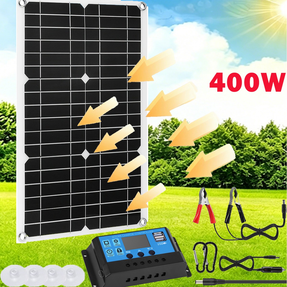 400W 18V Solar Panel Kit with 100A Controller USB DC Output for 12V Battery,Camp