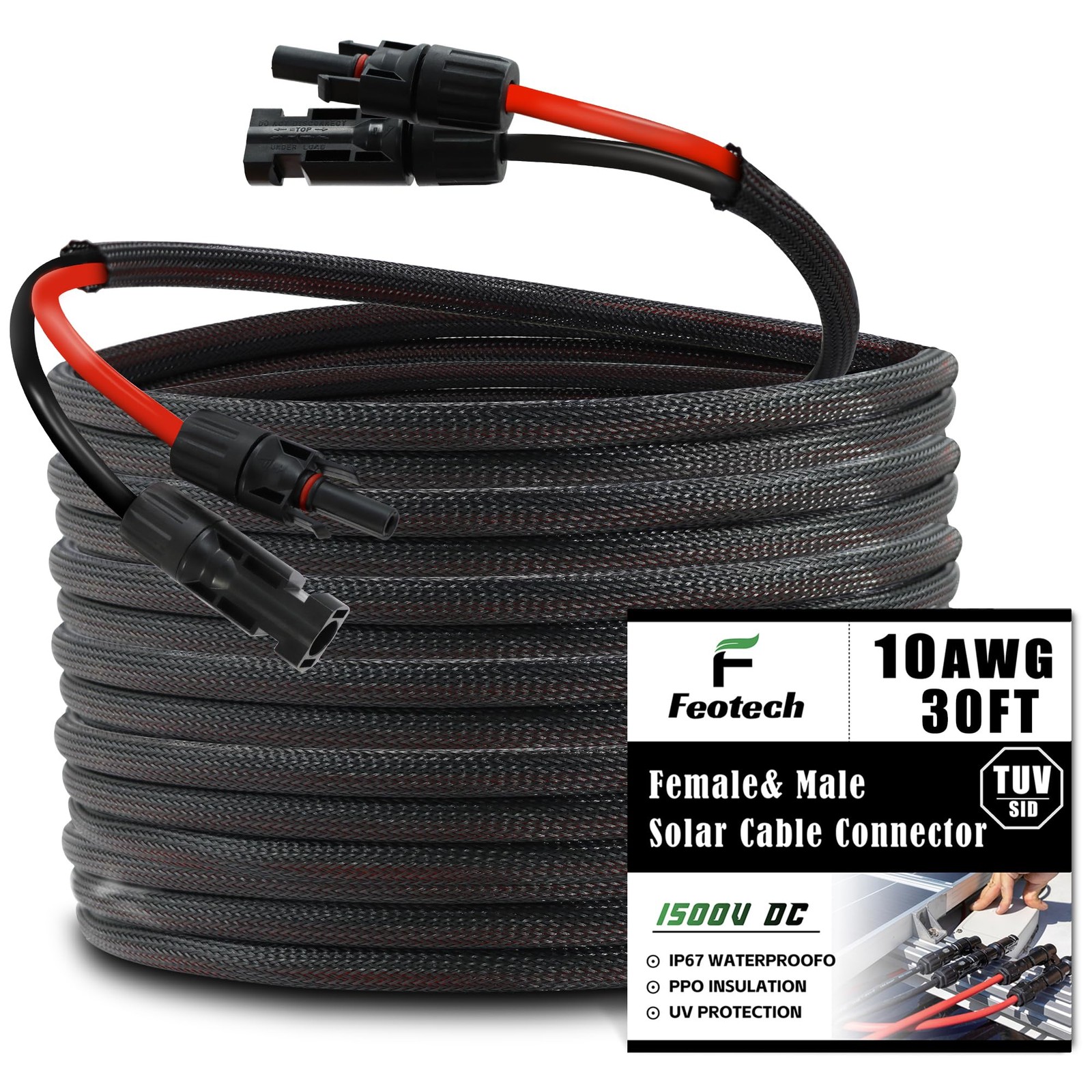 Feotech Twin Wire 30FT Solar Extension Cable 10AWG (6mm²) Solar Panel Connector