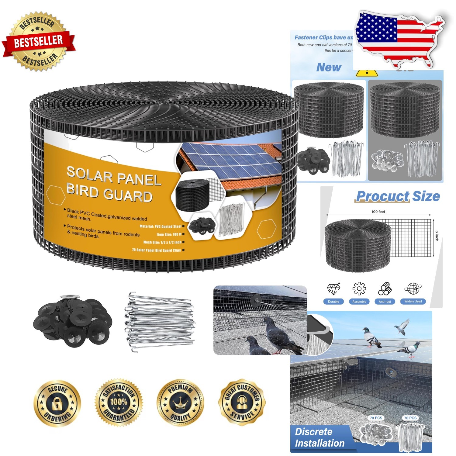 Durable Pigeon Guard 6x100ft – Black PVC Coated Galvanized Steel Wire Screen