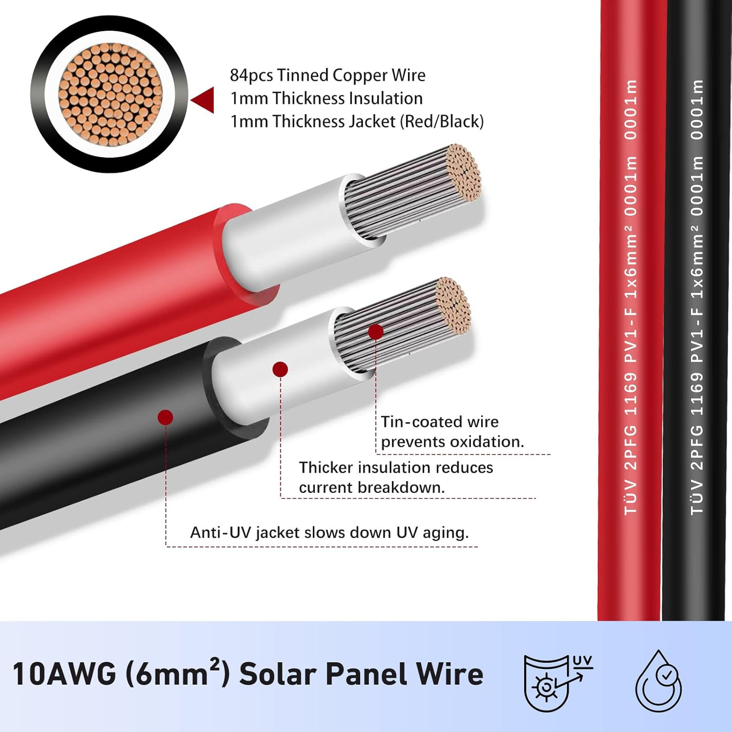 Solar Extension Cable 20Feet 10AWG (6Mm²) Solar Panel Cable Red & Black PV Wire