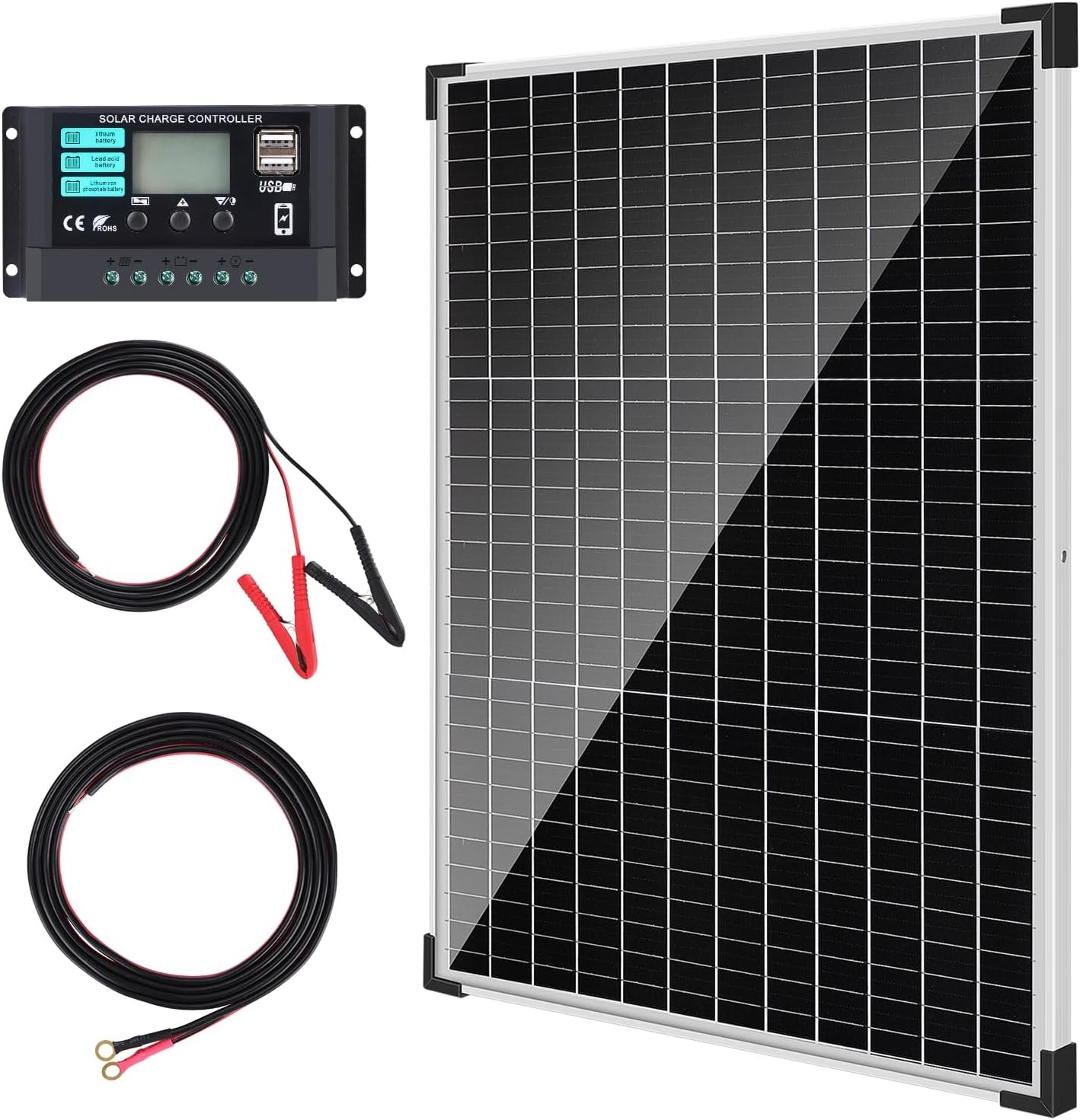 50W/12V Solar Panel Kit with 10A Charge Controller, Monocrystalline Solar Batter