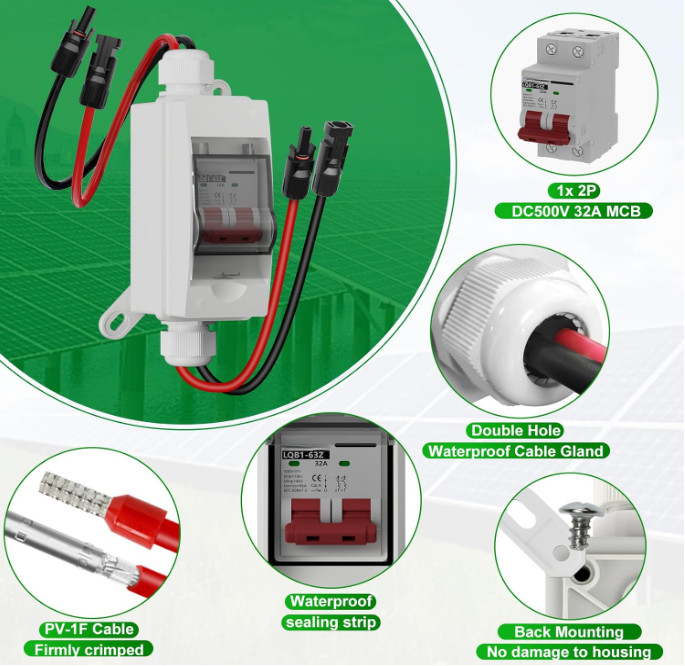 Interruptor Desconexión Panel Solar 32A 500V DC IP65 Caja Impermeable para RV