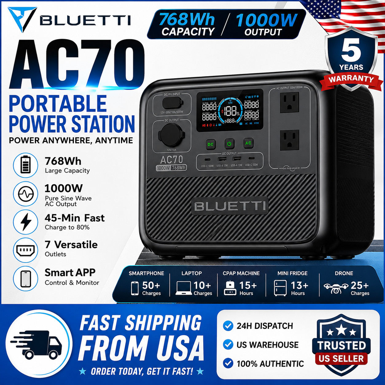 BLUETTI AC70 Portable Power Station 768Wh 1000W LiFePO4 Fast Charging USA