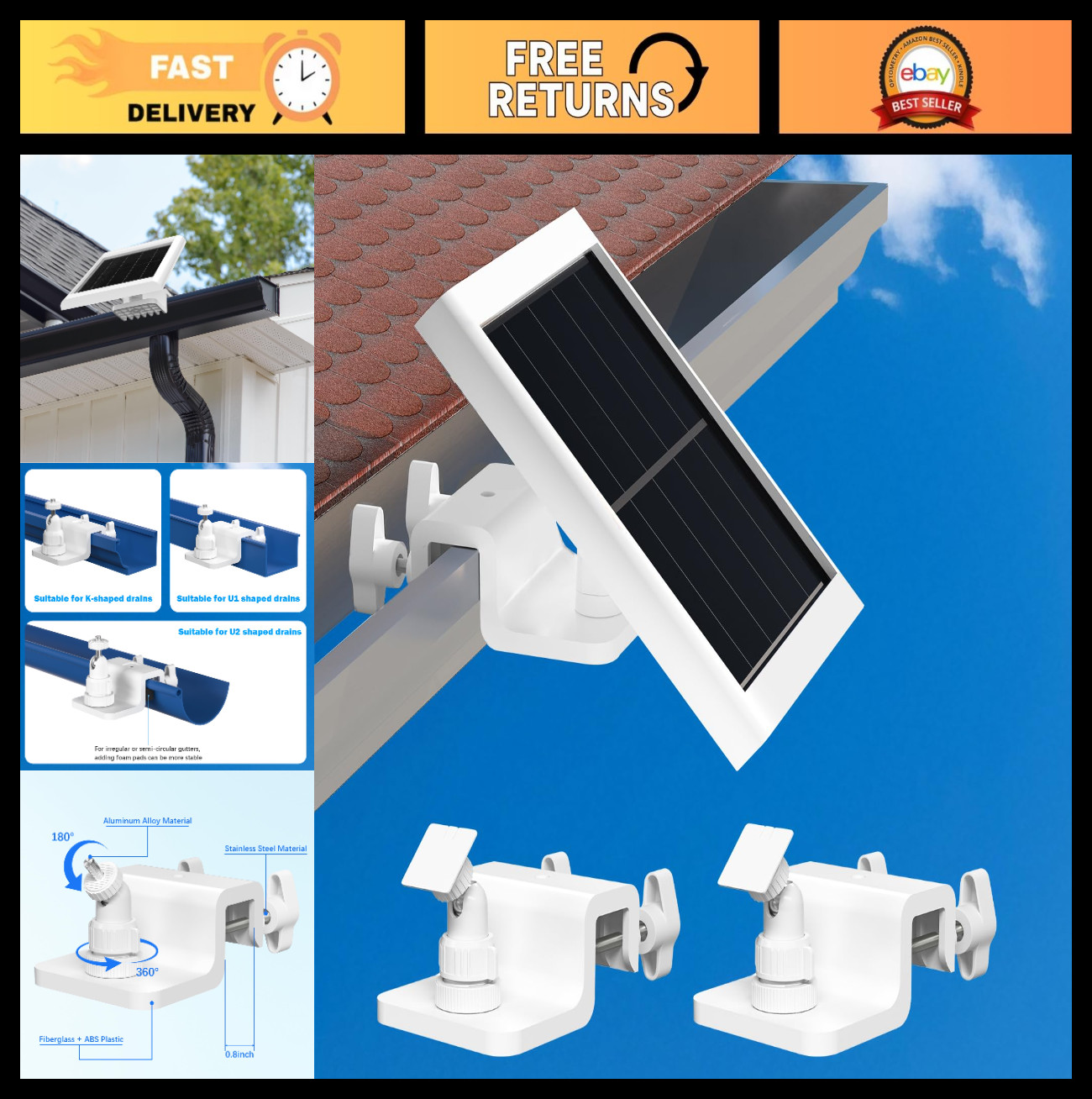 2 Pack Adjustable Gutter Mount for Solar Panels – 360° Universal Fit for Ring, A