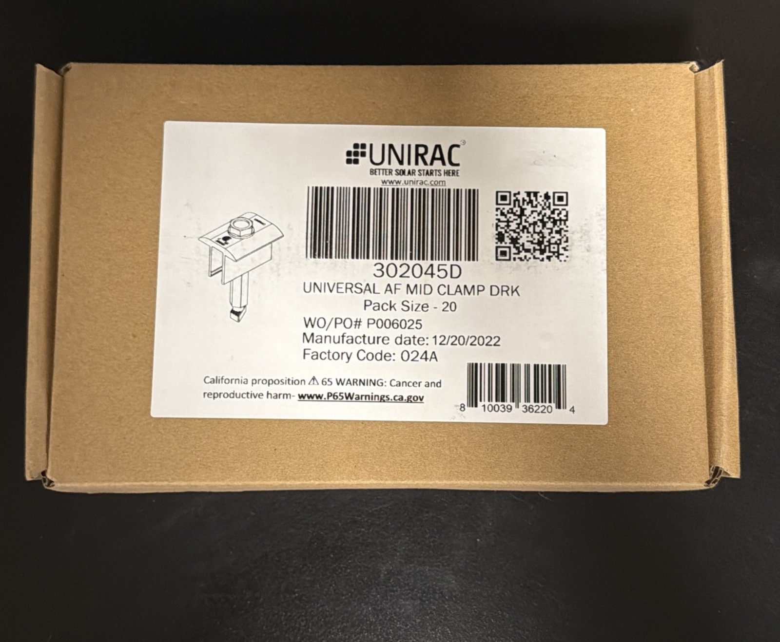NEW Box of 20 Unirac Solar Universal AF Mid Clamps Array Panel Rail Rack 302045D