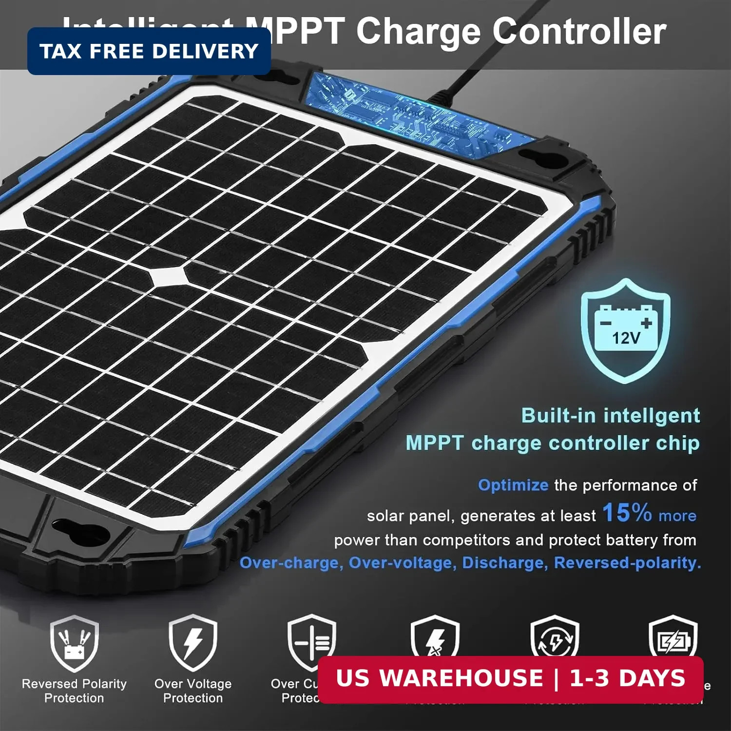 SUNER POWER Waterproof 12W 12V Solar Battery Charger & Maintainer Pro, Built-in