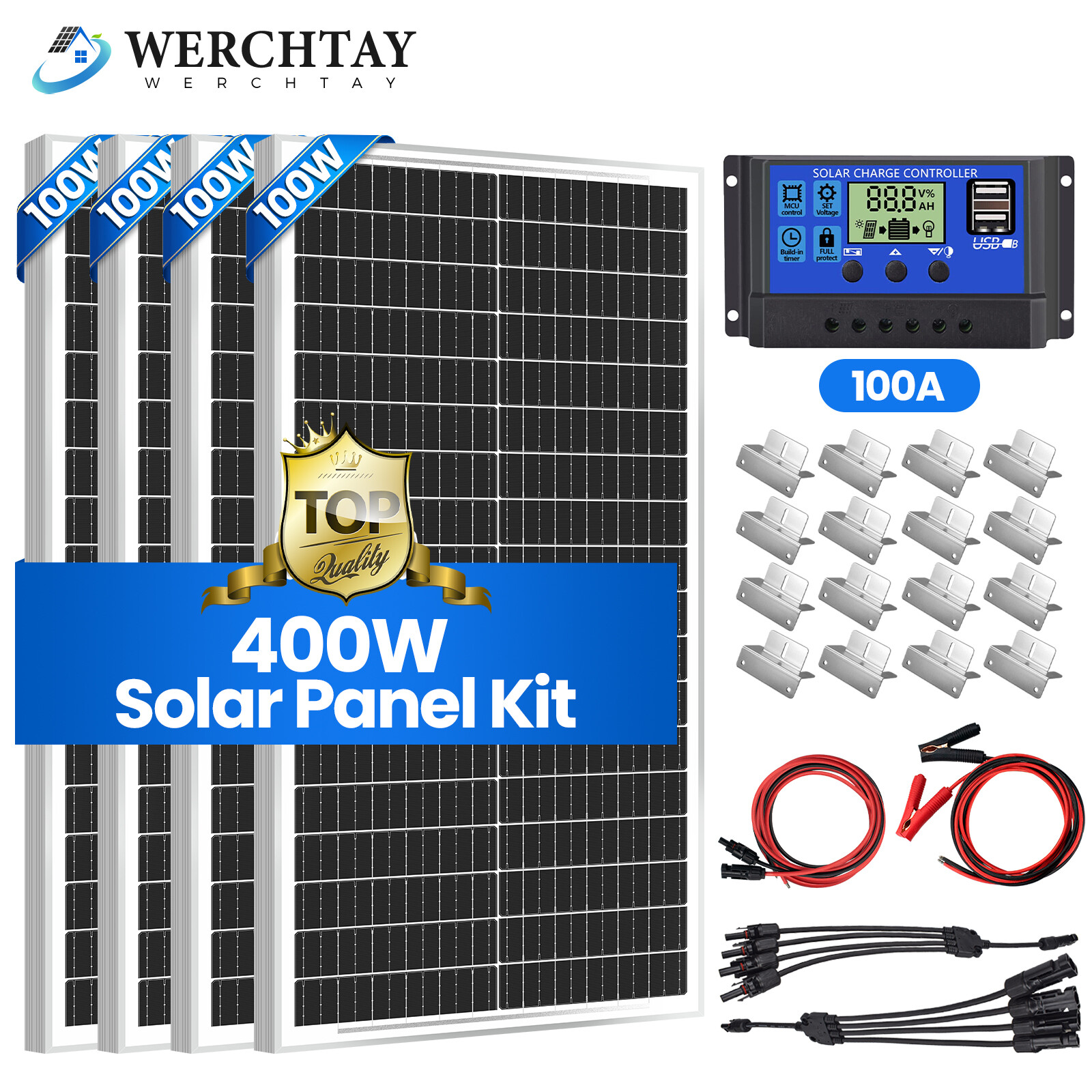 100W 200W 300W 400W Watt 12V Mono Solar Panel Kit Charger RV Home Off-Grid Boat