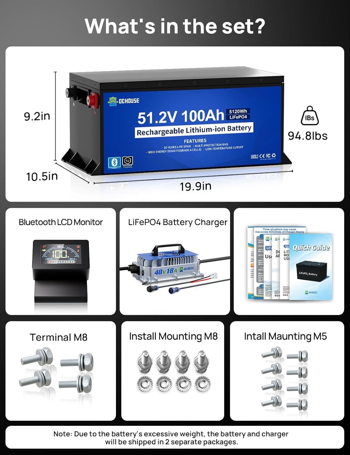 DC HOUSE 48V 100AH Golf Cart Lithium LiFePO4 Battery with 18A Charger Bluetooth