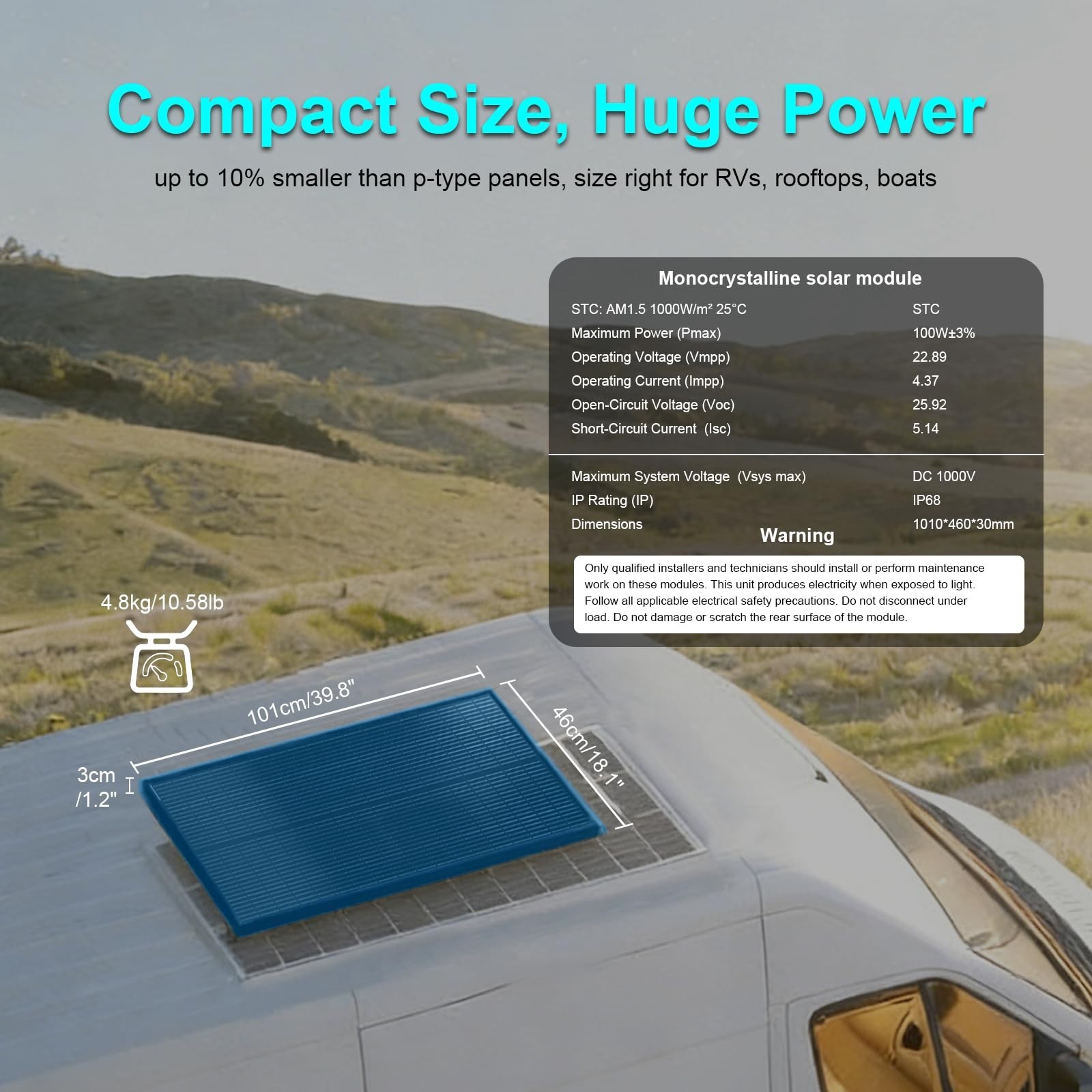 100W High-Efficiency Monocrystalline Solar Panel IP68 Waterproof for RV, Boat, C
