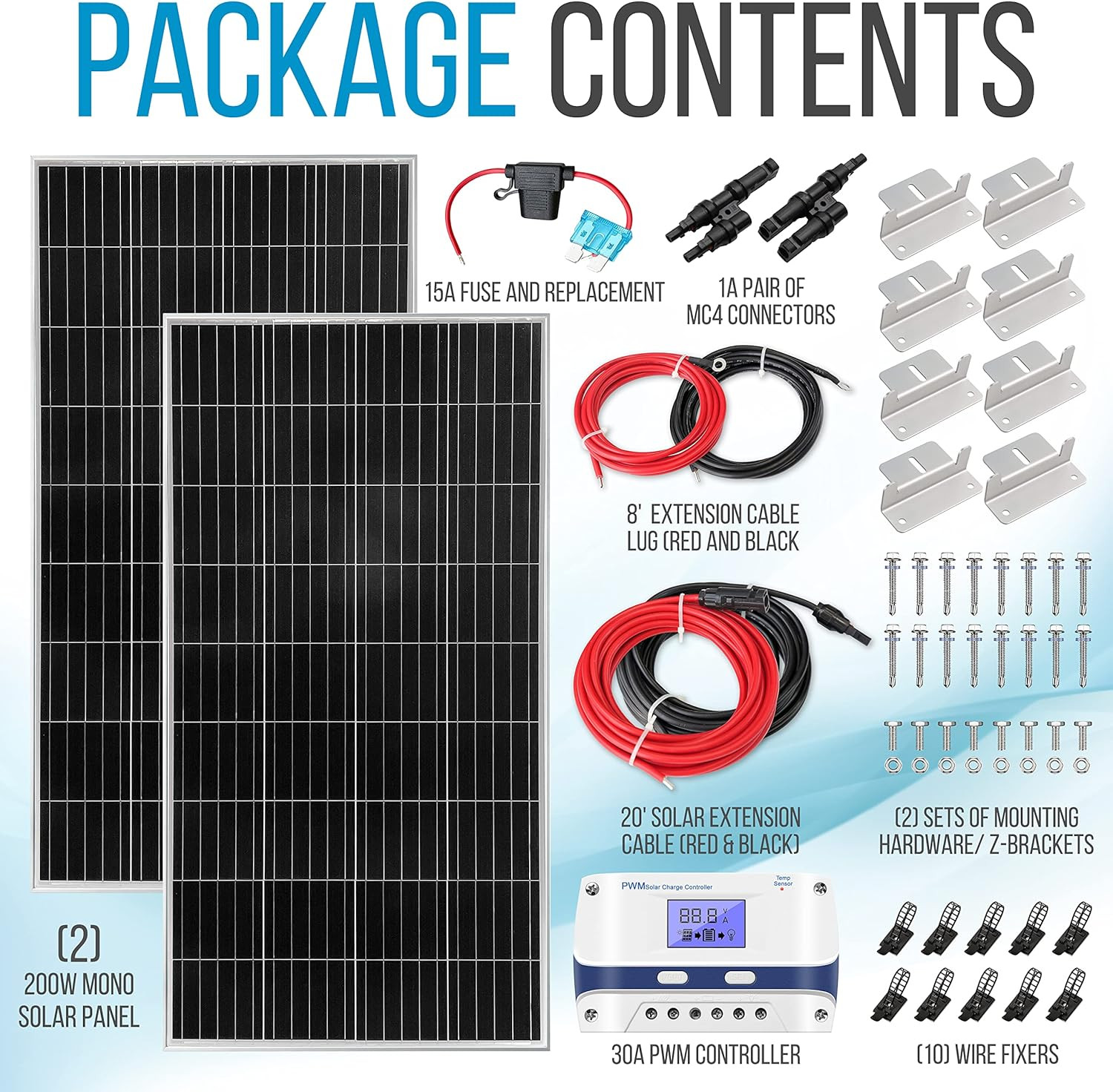 400 Watt 12V Portable Solar Starter Kit with 2 Pcs 200W Monocrystalline Set and