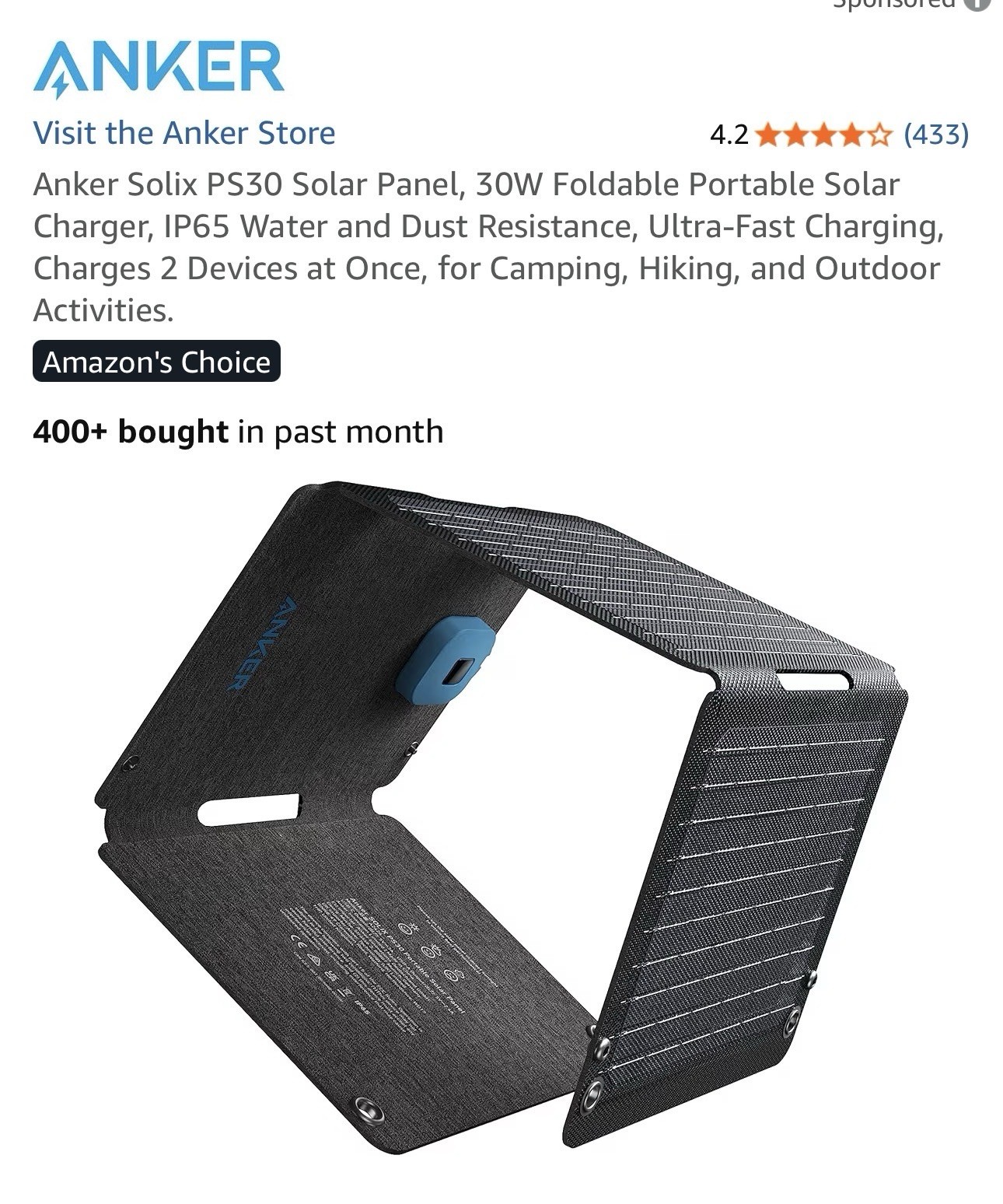 Anker Solix PS30 Solar Panel, 30W Foldable Portable Solar Charger, IP65 Water an