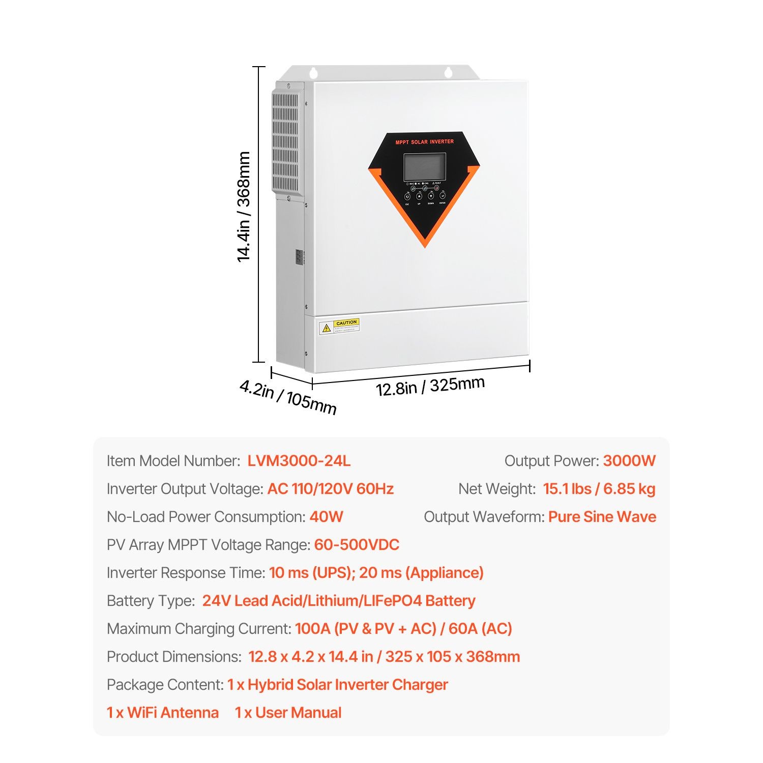 3000W Hybrid Solar Inverter, 24V to 110/ 120V AC, Pure Sine Wave with MPPT