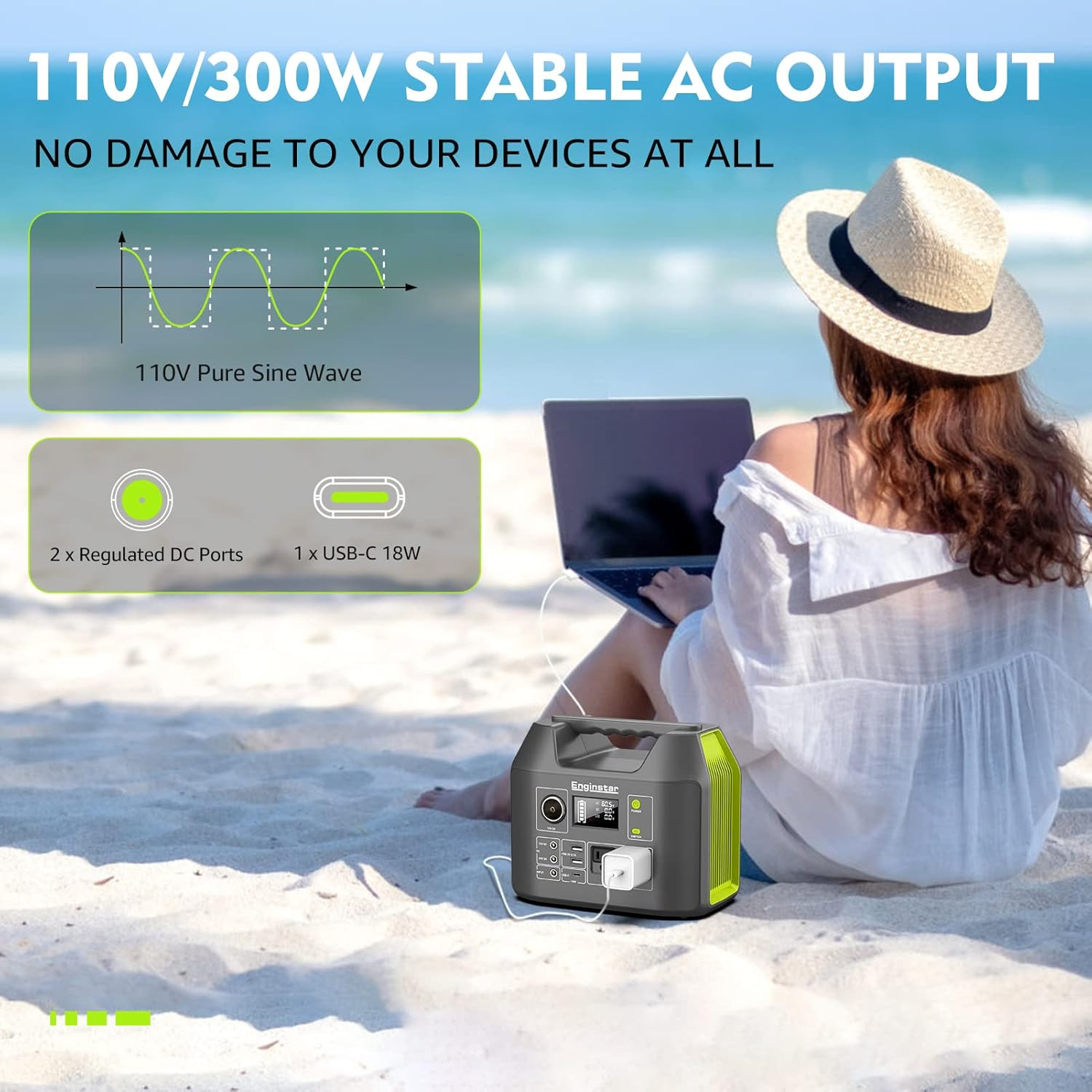 Solar Generator, 300W Portable Power Station, 296Wh Lithium Battery Backup W/Two