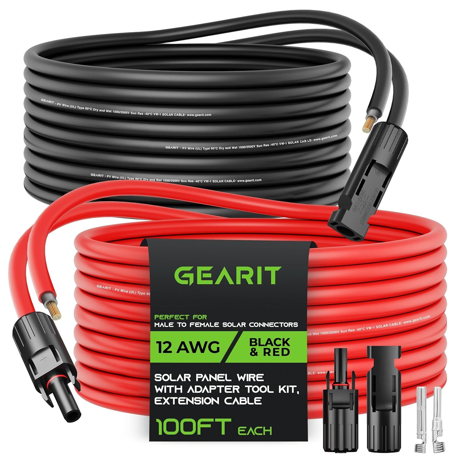 GearIT 12AWG Solar Extension Cable 12 AWG – 100 Feet Black & Red, black