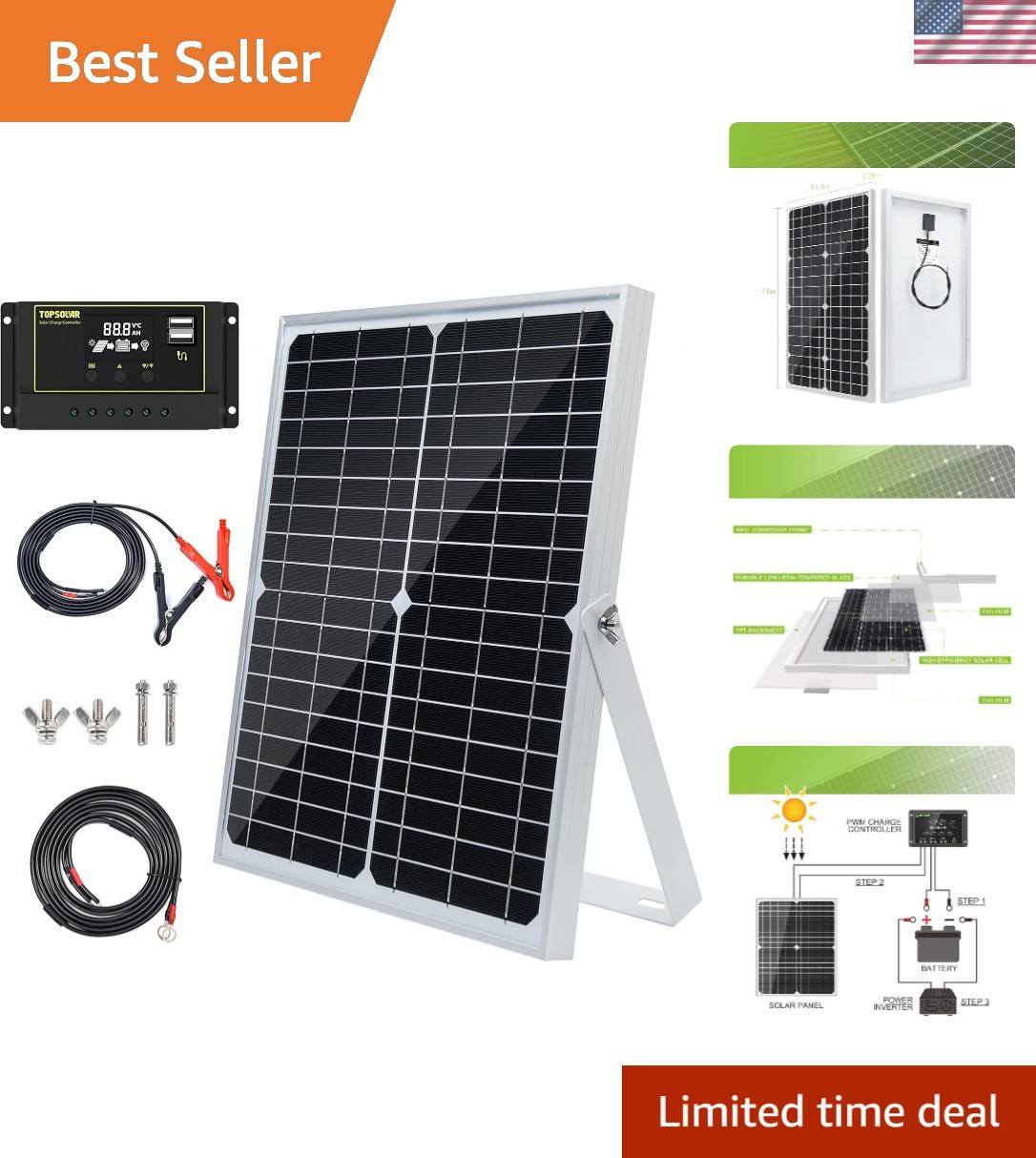 Versatile 30W 12V/24V Solar Panel Kit + 10A Charge Controller, Easy Installation