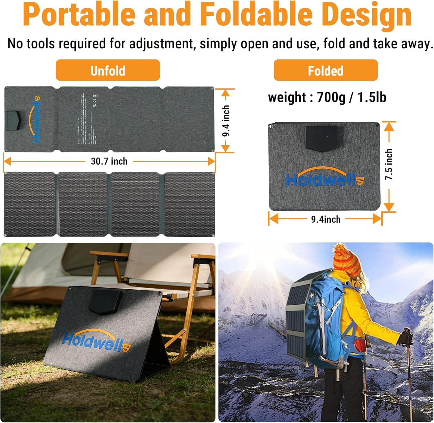 N-Type 30W Portable ETFE Solar Panel W/Dual USB-A, QC3.0 & 25W USB-C, IP67 Water