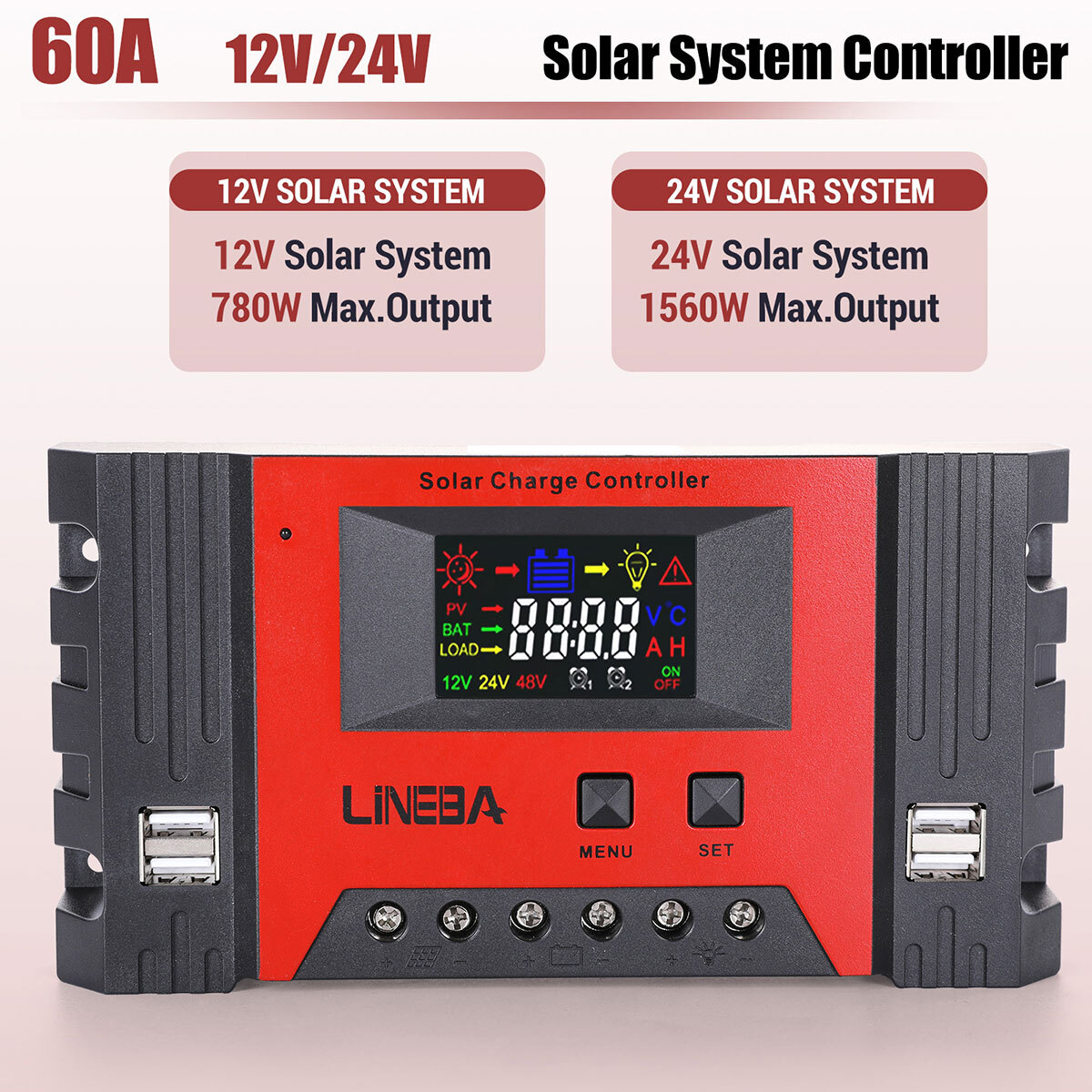 100A Solar Panel Battery PV Regulator Charge Controller AUTO 12V/24V/48V 4 USB