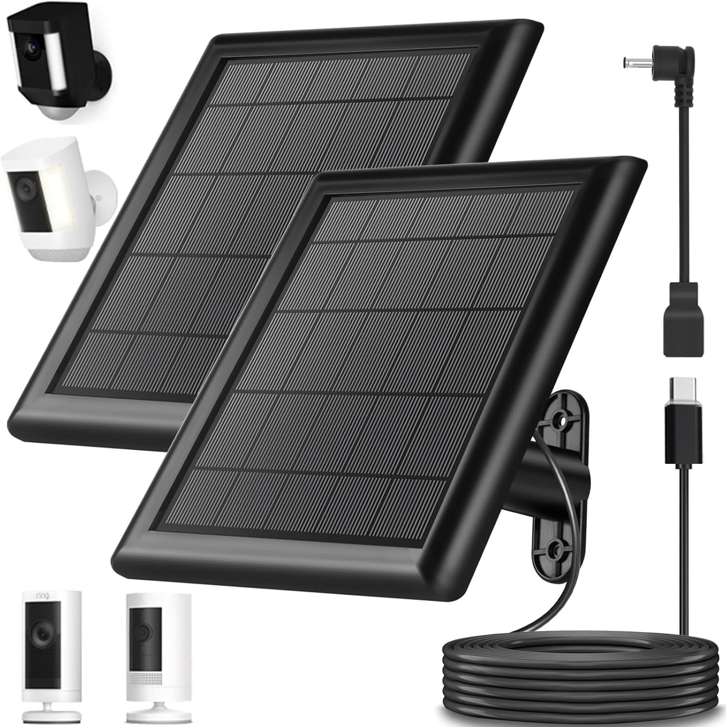 8W Solar Panel Charger for Ring Camera – IP65 Waterproof, 10ft USB C Cable, 2-Pa
