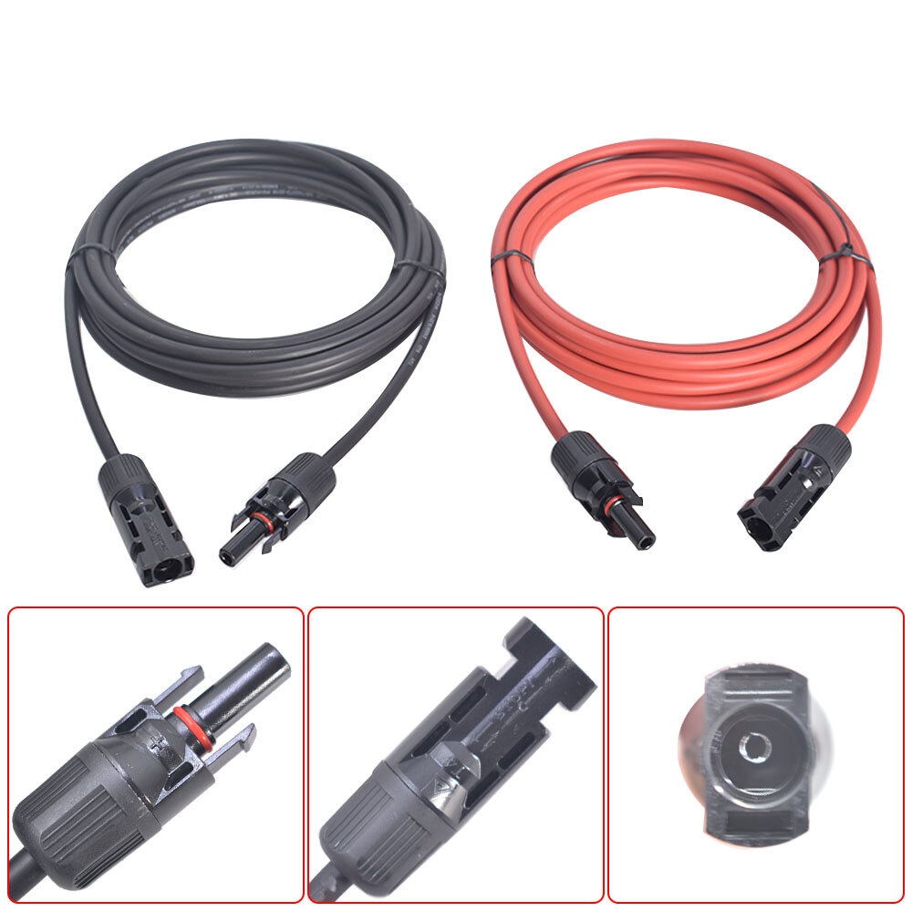 Black + Red Solar Panel Extension Cable Wire Connector 12AWG 10ft Pair New