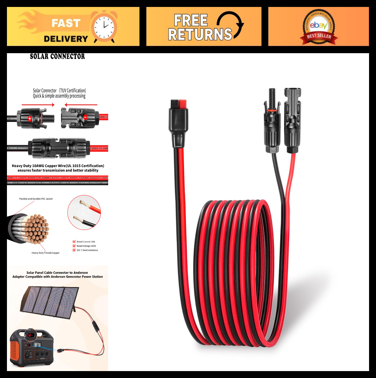 10FT Solar Connector to Anderson Adapter Cable – Solar Panel Powerpole Extension