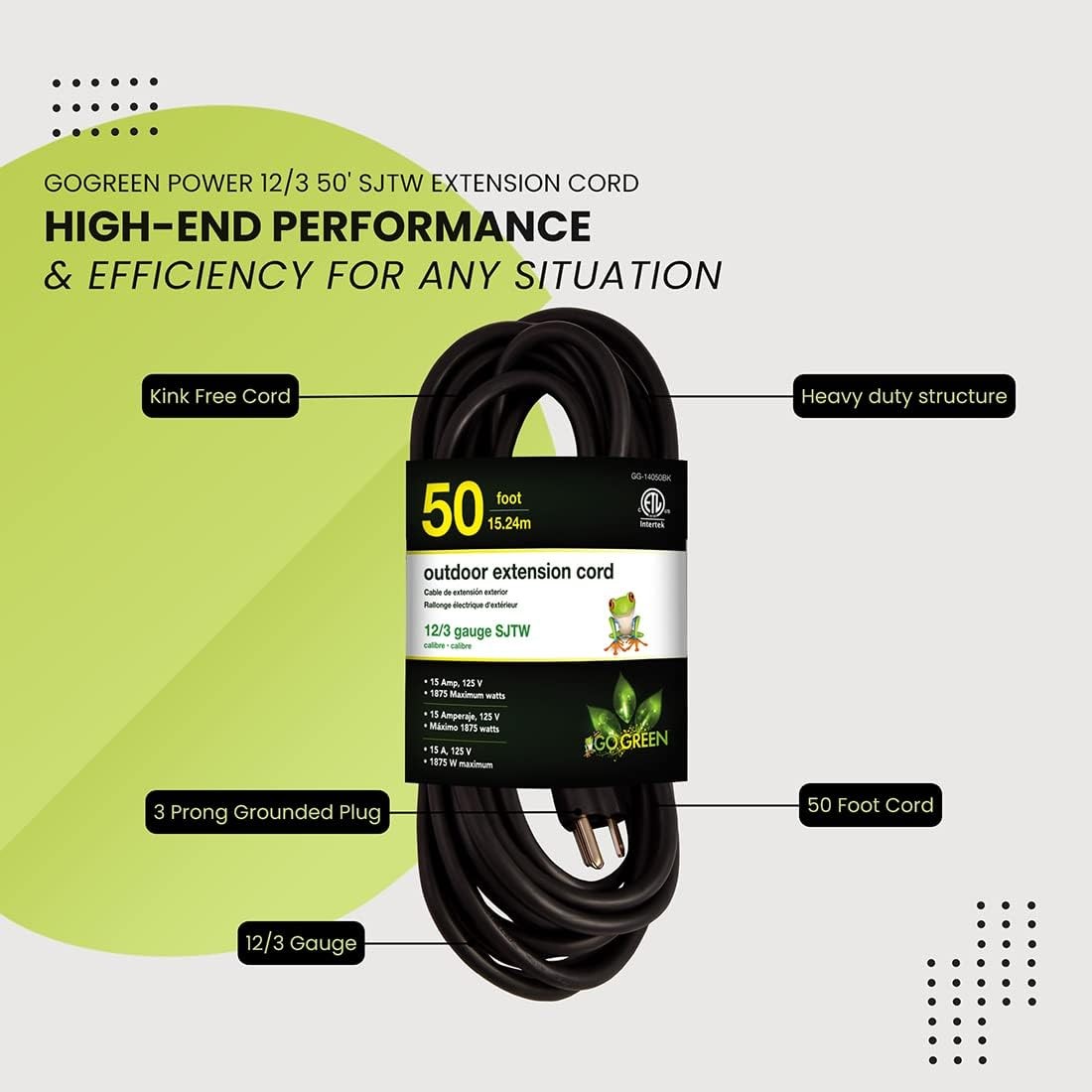 Go Green Power Inc. (GG-14050BK) 12/3 SJTW Outdoor Extension Cord, Black, 50 ft