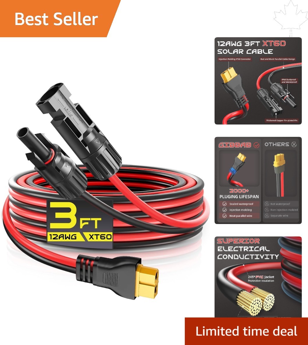 Weatherproof 3FT XT60 Solar Charging Cable with 30A Capacity & Copper Wire