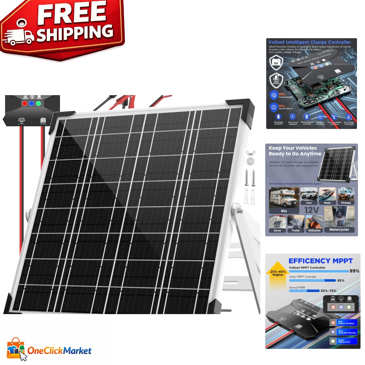 Waterproof 20W MPPT Solar Panel Kit – Fast Charging for All 12V Batteries