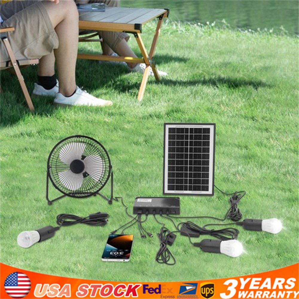 Solar Lighting & Fan Kits with 3 Bulbs USB Charging for Home Outdoor Camping