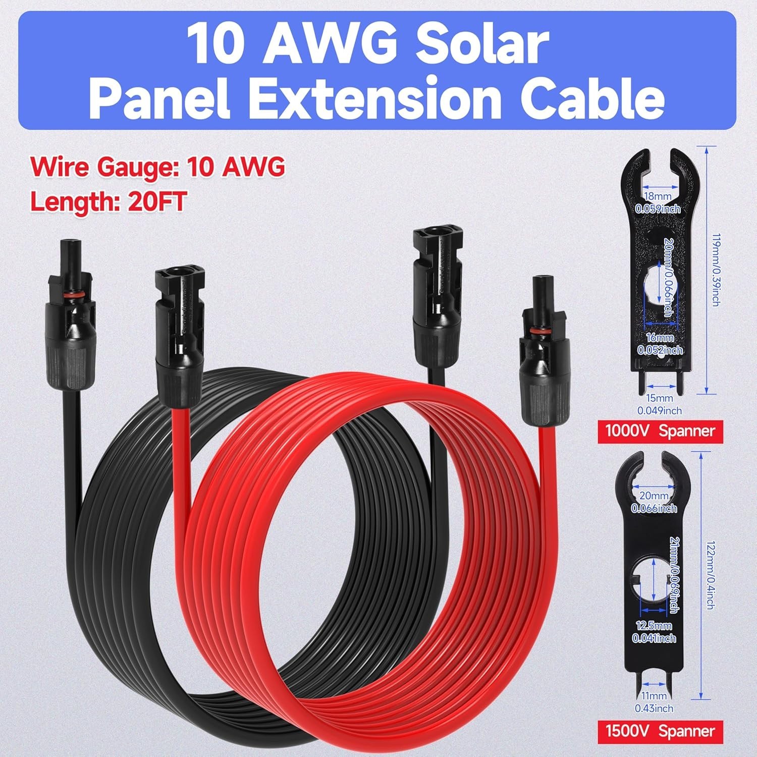 10AWG 20FT Solar Panel Extension Cable for RVs, Boats, PV Systems