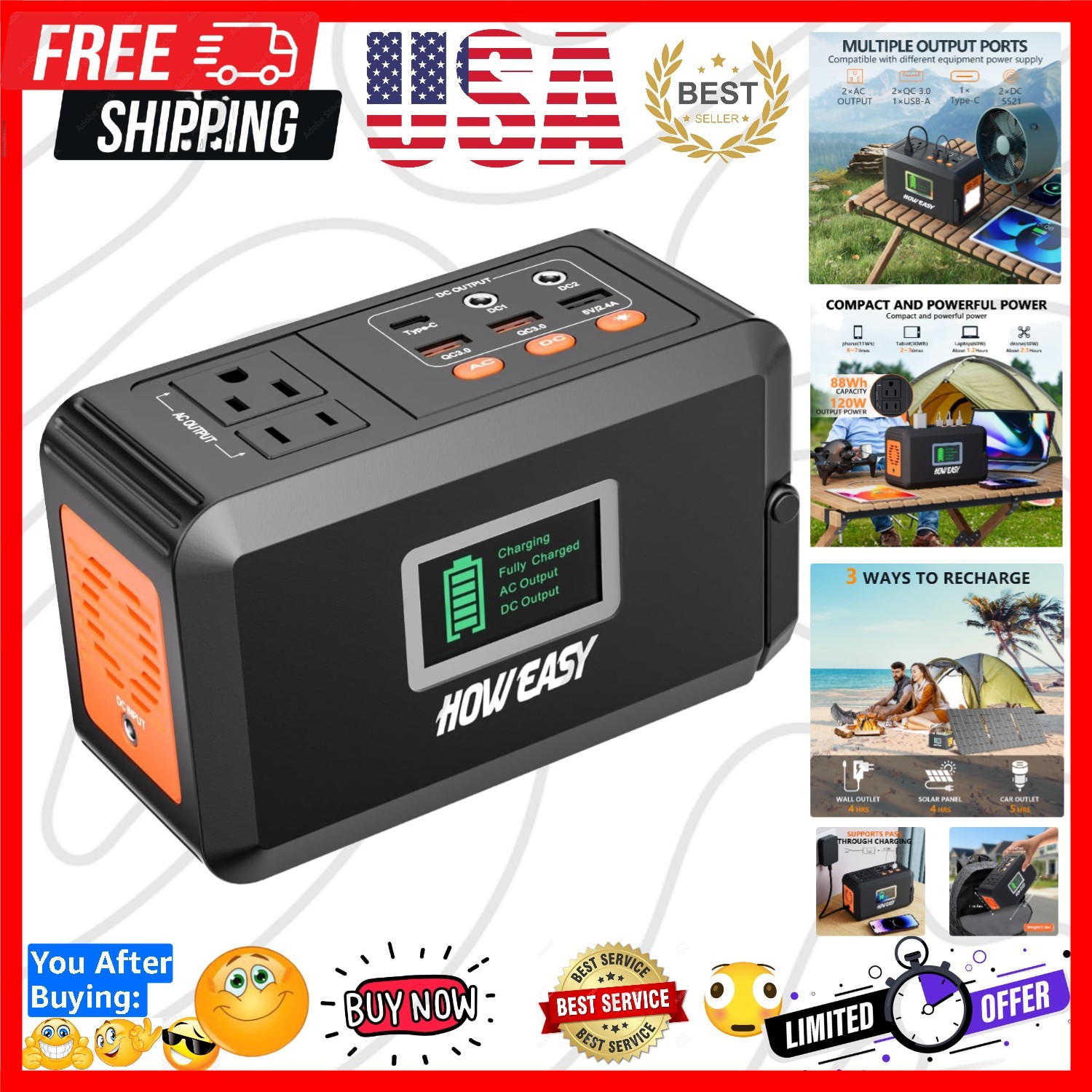 Portable Power Station,120W240W Peak Solar Generator,88Wh Lithium Battery Pow…