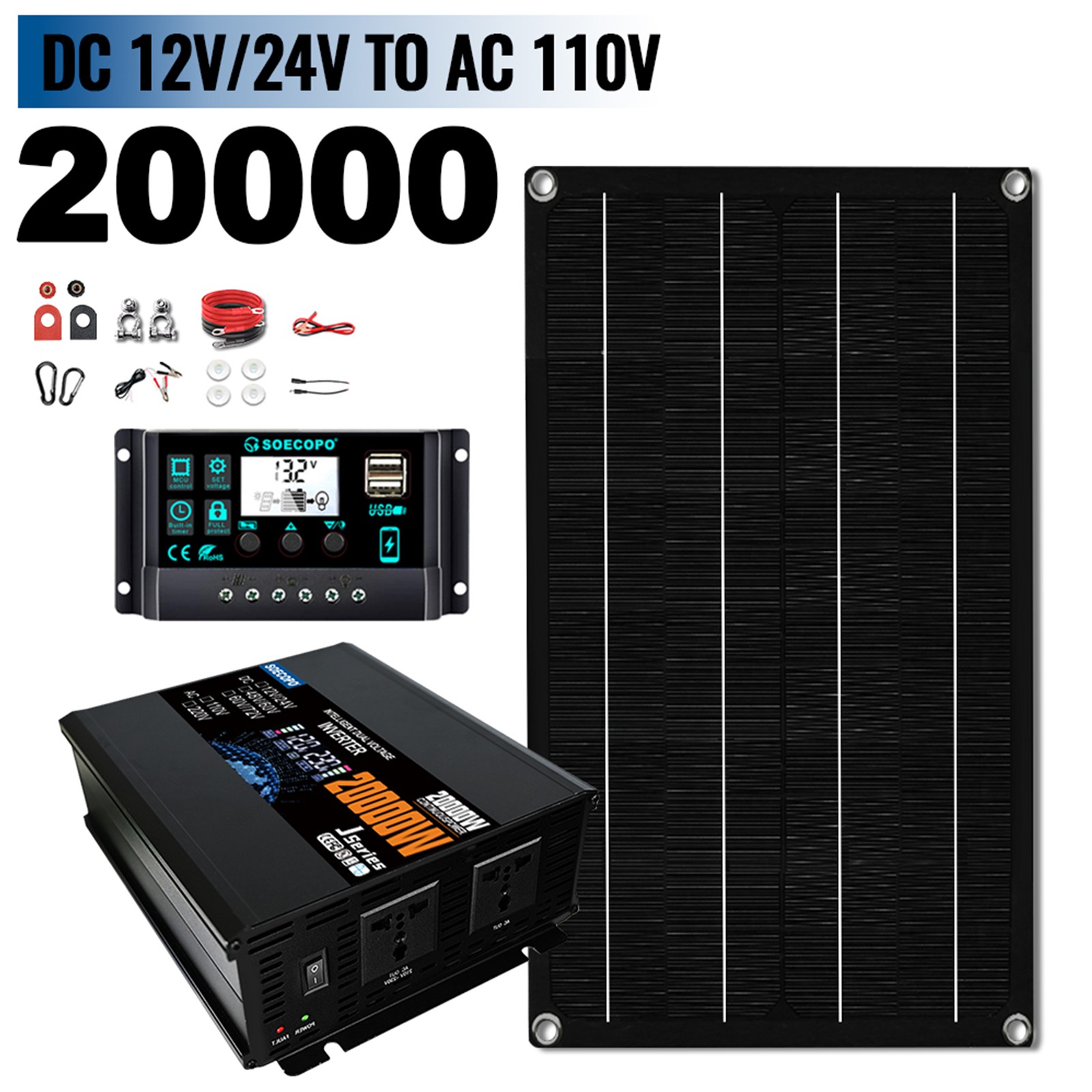20000W Solar Power Inverter Kit | 800W Panel + Controller | 12V/24V to 110V/220V