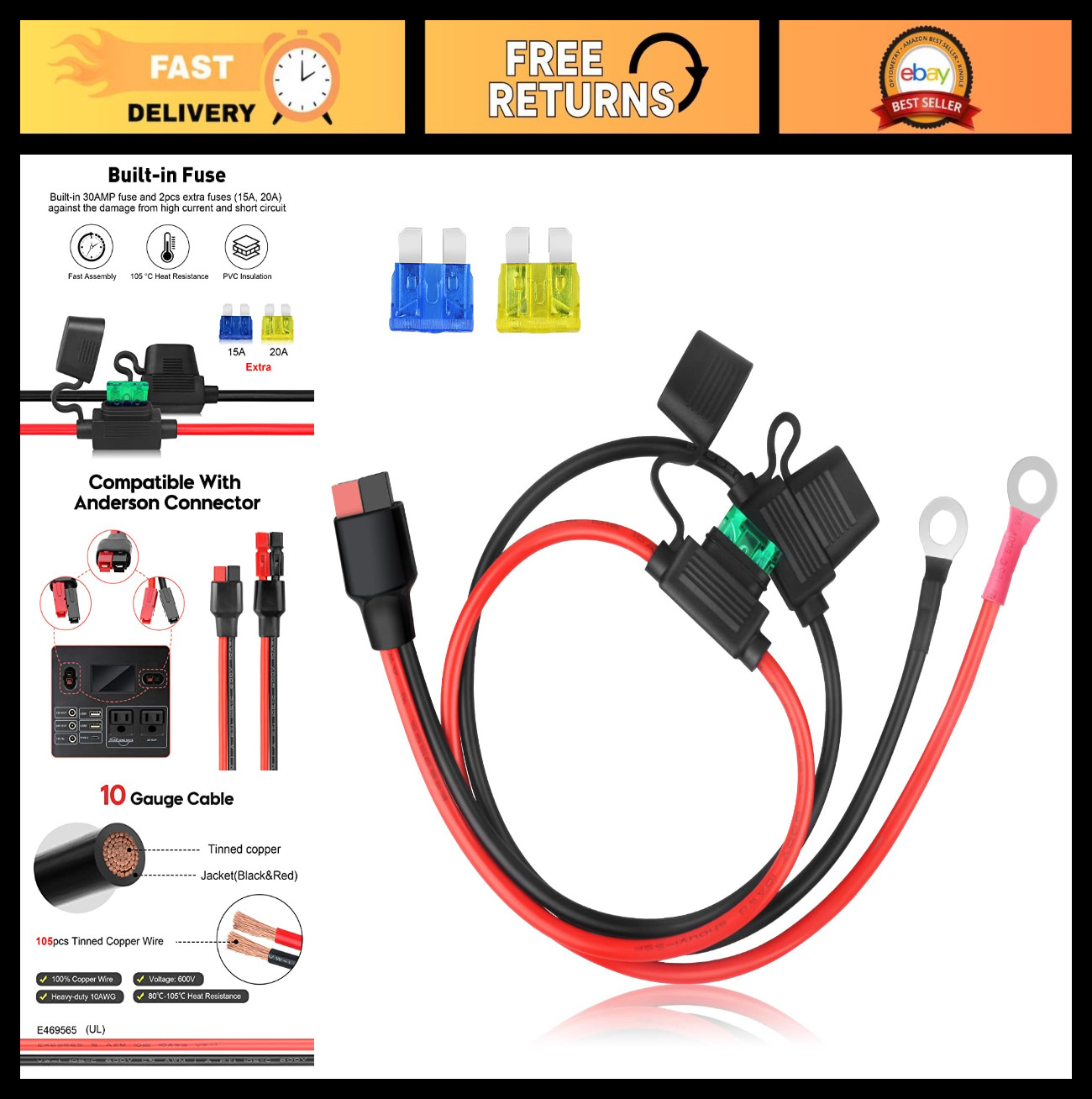 10AWG 45A O Ring Terminal Connector, Dual ATC Fuse Holder Cable for Solar Genera
