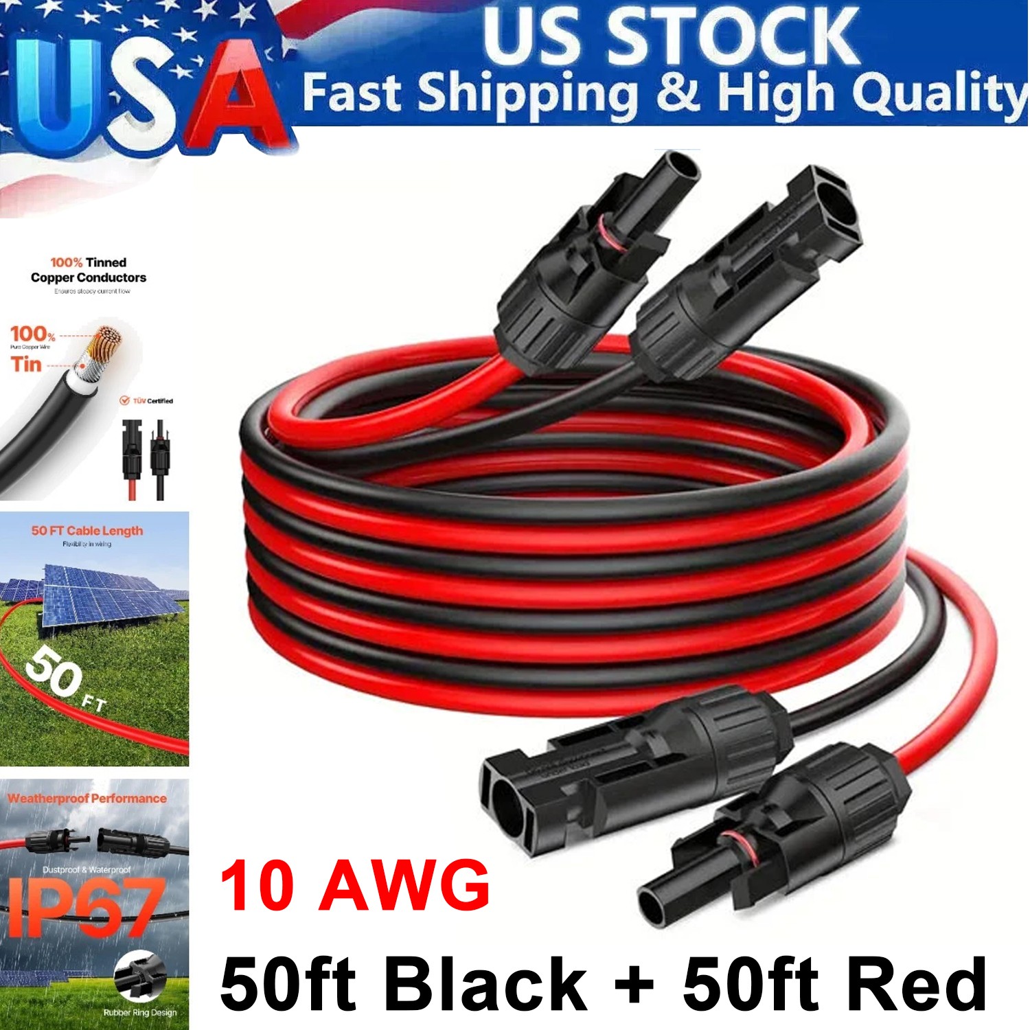 50ft Black + Red 10AWG Solar Panel Extension Cable Flexible Wire Connectors 6mm²