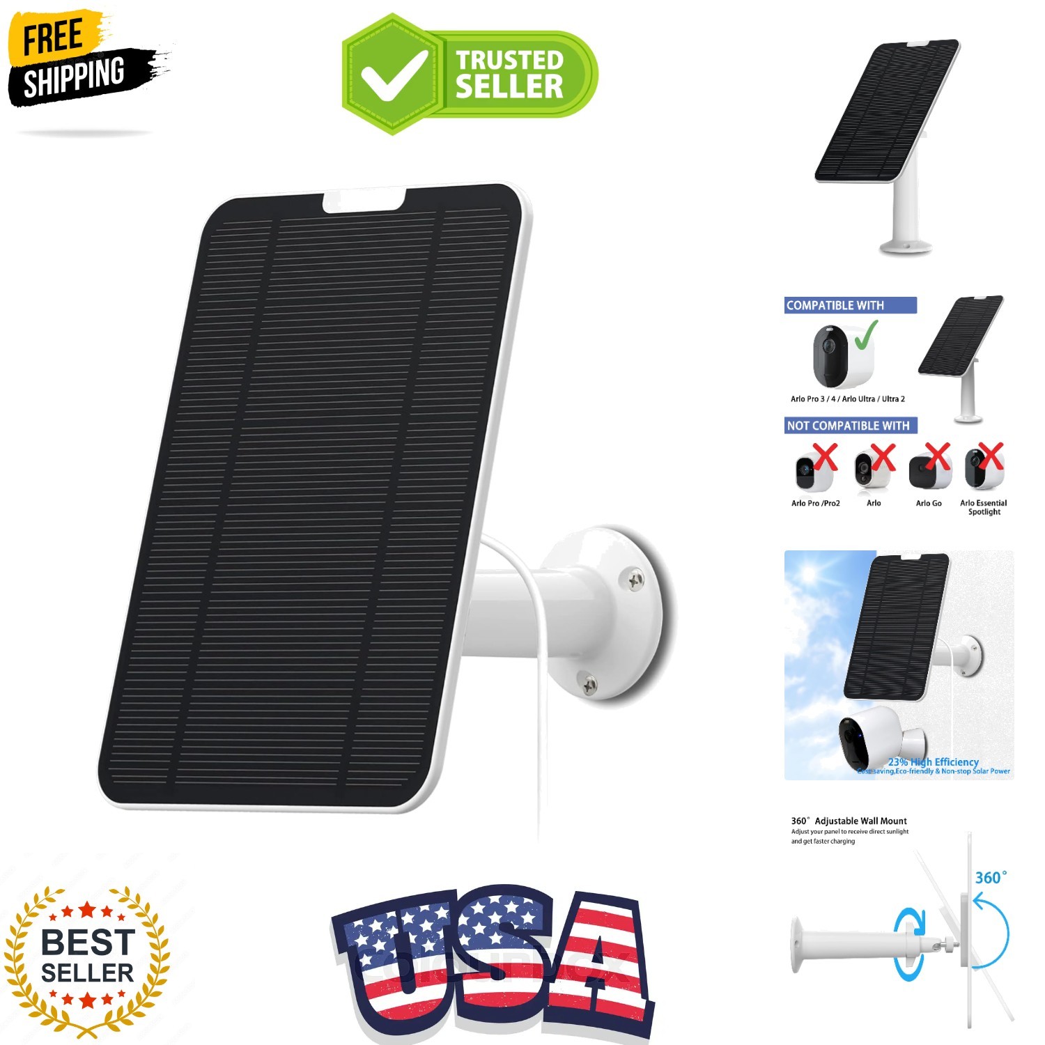 4W 6V Solar Panel Compatible with Arlo Pro 3/Pro 4/Ultra/Ultra 2/Go 2, Includ…